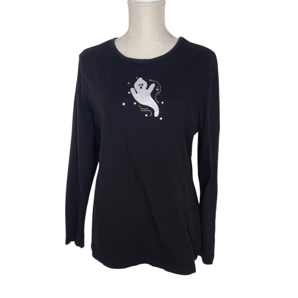 Holiday Editions Halloween Black White Sequin Ghost Shirt Top
